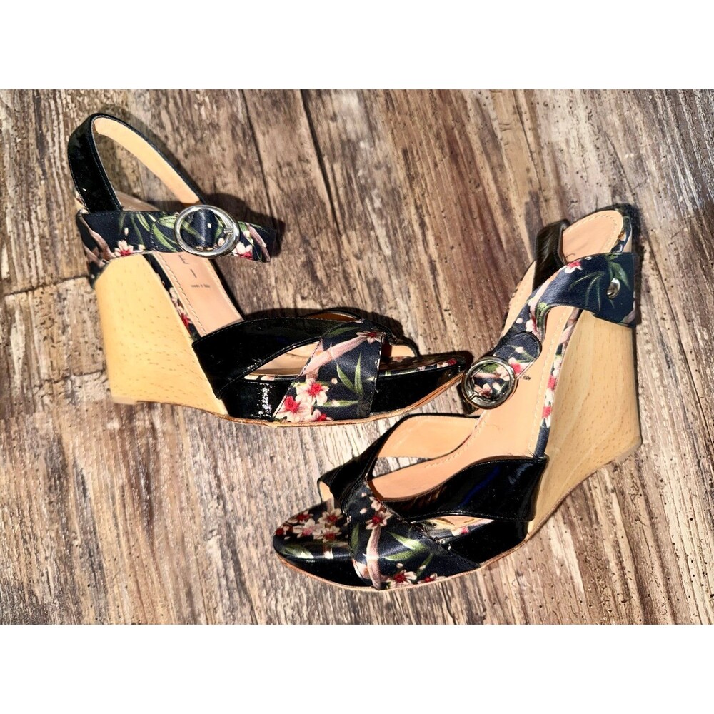 Casadei Floral Satin & Patent Leather Wooden Wedge Sandals - Size 7.5 B